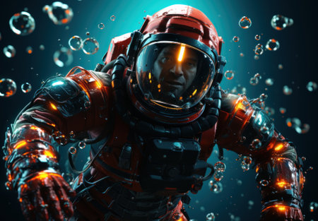 A man in a space suit is surrounded by bubbles. Generative AI image.の素材