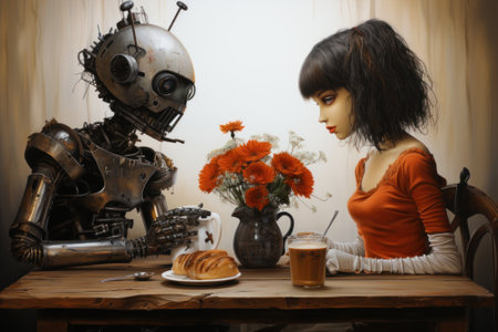 A woman sitting at a table in front of a robot. Generative AI image.の素材
