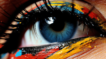 A close up of a persons eye with paint on it. Generative AI image.の素材