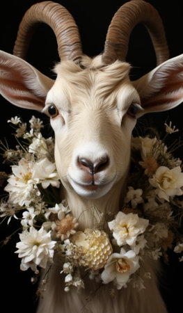 A goat with a wreath of flowers around its neck. Generative AI image.の素材