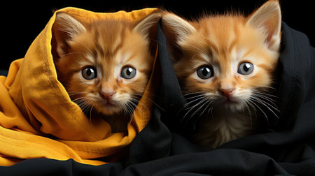 Two orange kittens peeking out of a blanket. Generative AI image.の素材