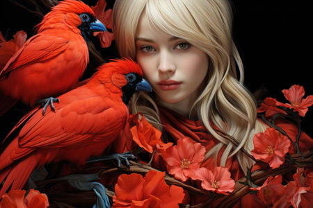 A woman with a red bird on her shoulder. Generative AI image.の素材