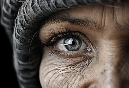 A close up of a persons eye with a hat on. Generative AI image.の素材