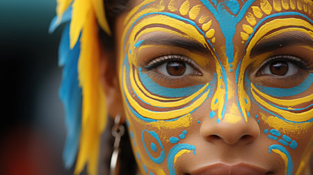 A close up of a person with face paint. Generative AI image.の素材