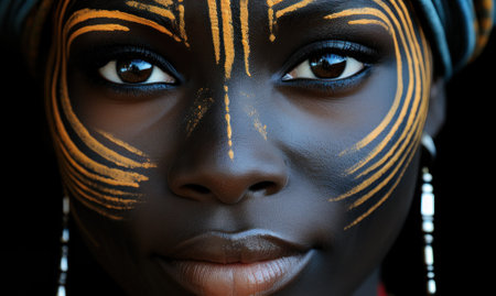 A close up of a person with a painted face. Generative AI image.の素材