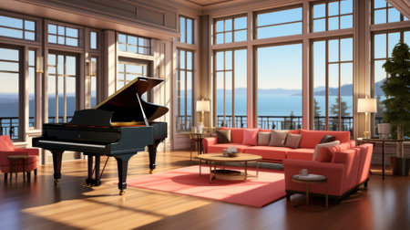 A living room filled with furniture and a grand piano. Generative AI image.の素材