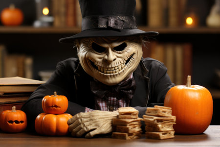 A skeleton in a top hat sitting at a table with pumpkins and crackers. Generative AI image.の素材