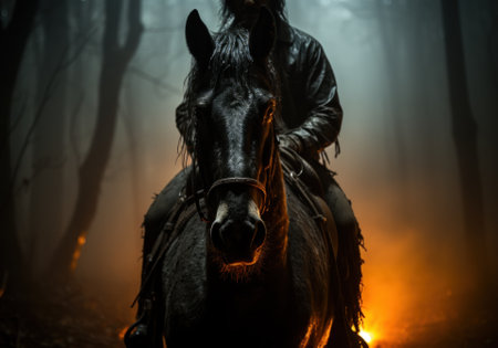 A man riding on the back of a black horse. Generative AI image.の素材