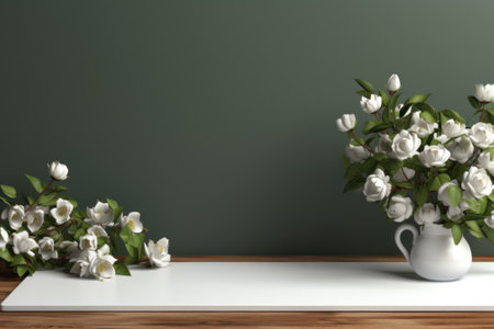 A vase of white flowers on a table. Generative AI image.の素材