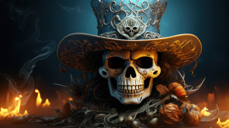 A skull wearing a hat with a candle in the background. Generative AI image.の素材
