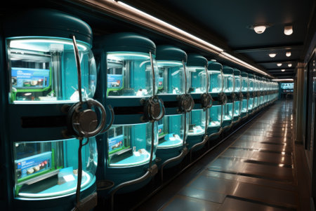 A long row of fish tanks filled with water. Generative AI image.の素材
