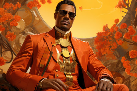 A man in an orange suit sitting in a chair. Generative AI image.の素材