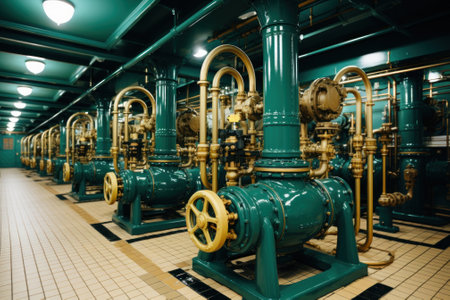 A room filled with lots of green pipes and valves. Generative AI image.の素材