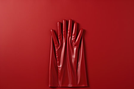 A pair of red latex gloves on a red background. Generative AI image.の素材