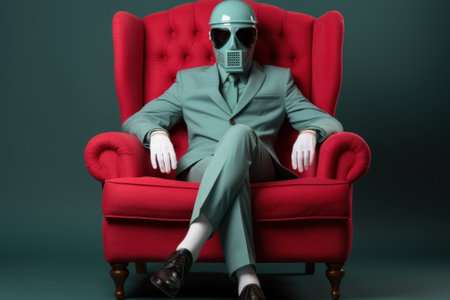 A man in a gas mask sitting in a red chair. Generative AI image.の素材