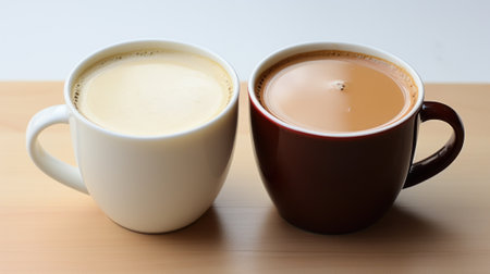 A couple of cups of coffee sitting on top of a wooden table. Generative AI image.の素材