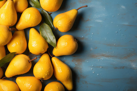 A bunch of lemons sitting on top of a blue table. Generative AI image.の素材