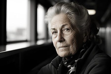 An old woman looking out a window in a dark room. Generative AI image.の素材