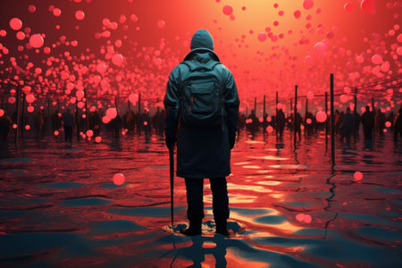 A man standing in the middle of a flooded area. Generative AI image.の素材