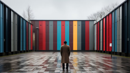 A man in a coat standing in front of a colorful building. Generative AI image.の素材