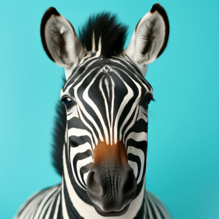 A close up of a zebras face against a blue background. Generative AI image.の素材