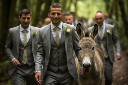 A group of men in suits walking down a path with a donkey. Generative AI image.の素材