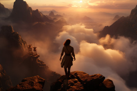 A man standing on top of a mountain. Generative AI image.の素材