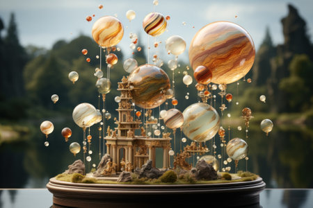 A model of a building with many planets floating around it. Generative AI image.の素材