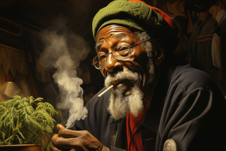 A man with a beard and a hat smoking a cigarette. Generative AI image.の素材