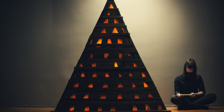 A woman sitting in front of a lit up christmas tree. Generative AI image.の素材