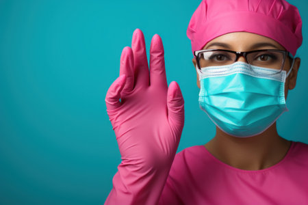 A woman wearing a surgical mask and gloves. Generative AI image.の素材