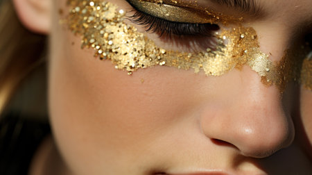 A close up of a woman with gold glitter on her face. Generative AI image.の素材