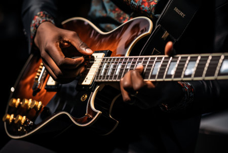 A close up of a person playing a guitar. Generative AI image.の素材