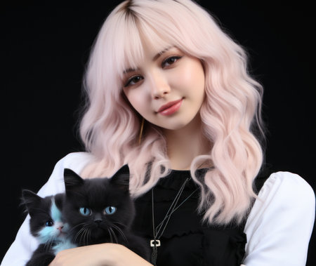 A woman with pink hair holding a black cat. Generative AI image.の素材