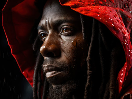 A man with dreadlocks and a red hood. Generative AI image.の素材