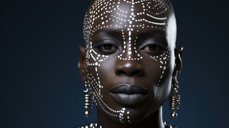 A woman with white paint on her face. Generative AI image.の素材