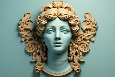 A sculpture of a womans face on a wall. Generative AI image.の素材