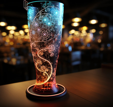 A glass of beer sitting on top of a table. Generative AI image.の素材