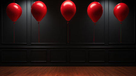 A room with a bunch of red balloons hanging from the ceiling. Generative AI image.の素材