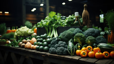 A variety of vegetables are displayed on a table. Generative AI image.の素材