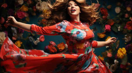 A woman in a floral dress is dancing. Generative AI image.の素材