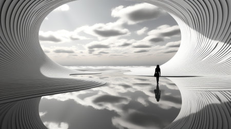A person standing in front of a circular structure. Generative AI image.の素材
