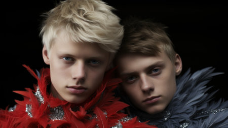 A couple of young men standing next to each other. Generative AI image.の素材