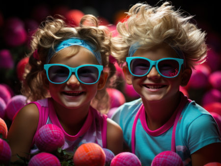 Two little girls wearing blue sunglasses in a field of oranges. Generative AI image.の素材