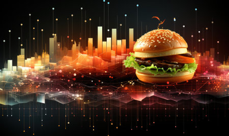 A hamburger with lettuce, tomato, and cheese on it. Generative AI image.の素材