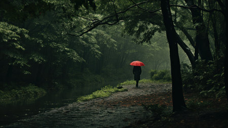 A person with a red umbrella walking down a path. Generative AI image.の素材