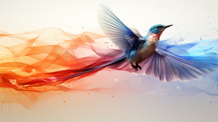 A colorful bird flying through the air. Generative AI image.の素材