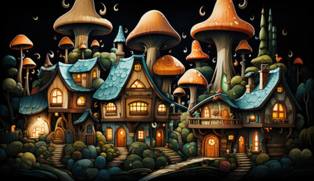 A painting of a fantasy village with mushrooms on the roof. Generative AI image.の素材