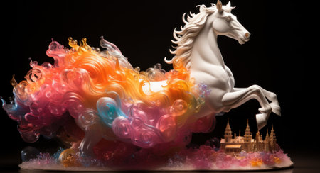 A statue of a horse with a rainbow mane. Generative AI image.の素材