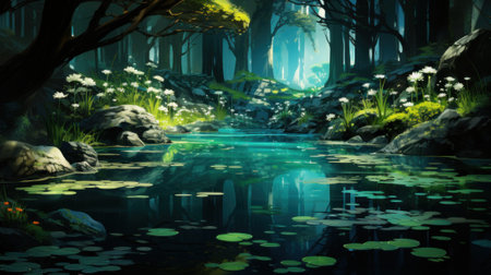 A painting of a stream in a forest. Generative AI image.の素材